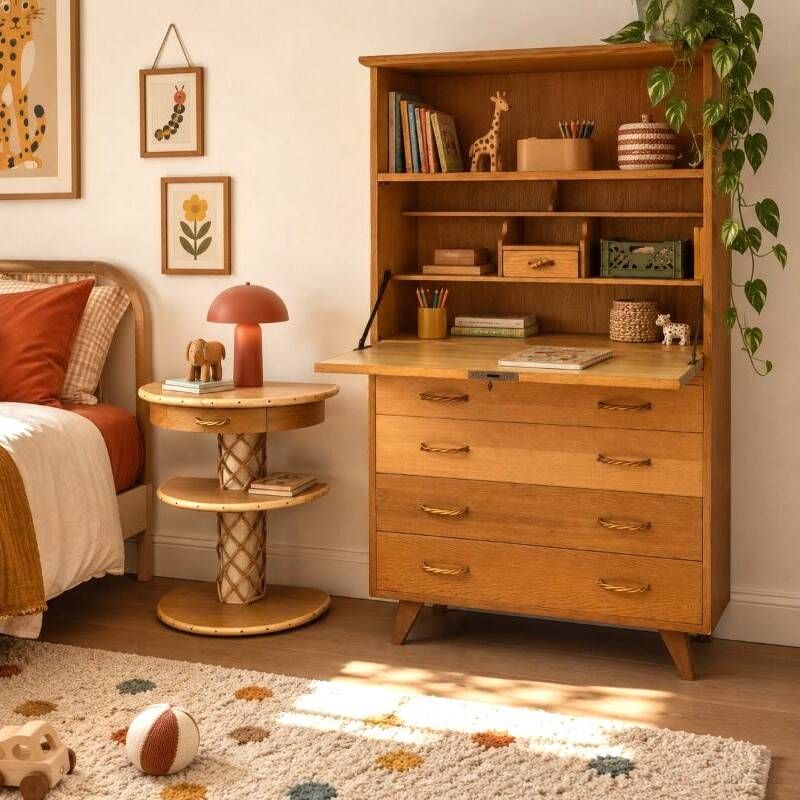 Vintage secretary ensemble and wooden and rattan side table