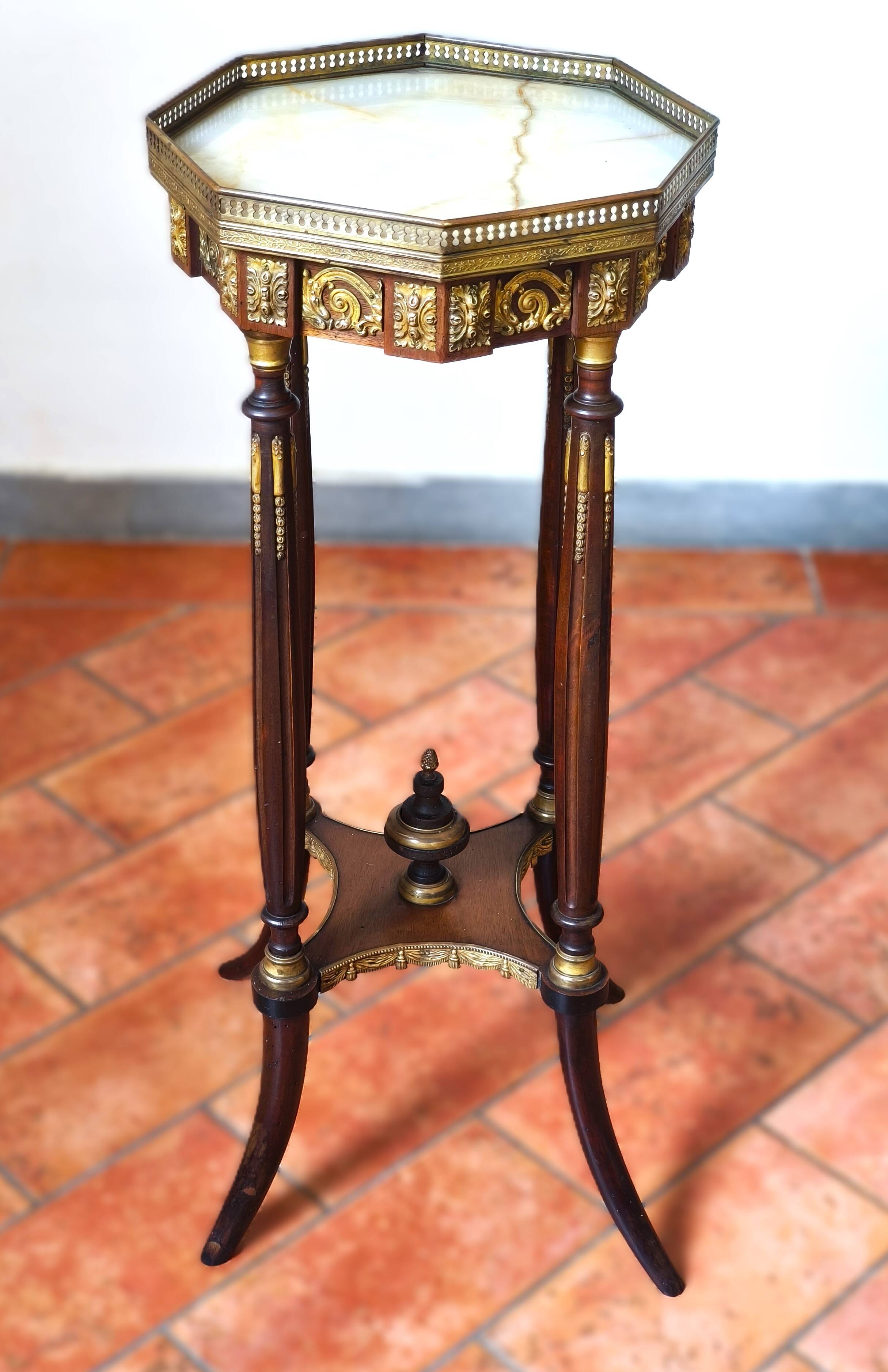 Napoleon III style side table in solid walnut, onyx top and details.