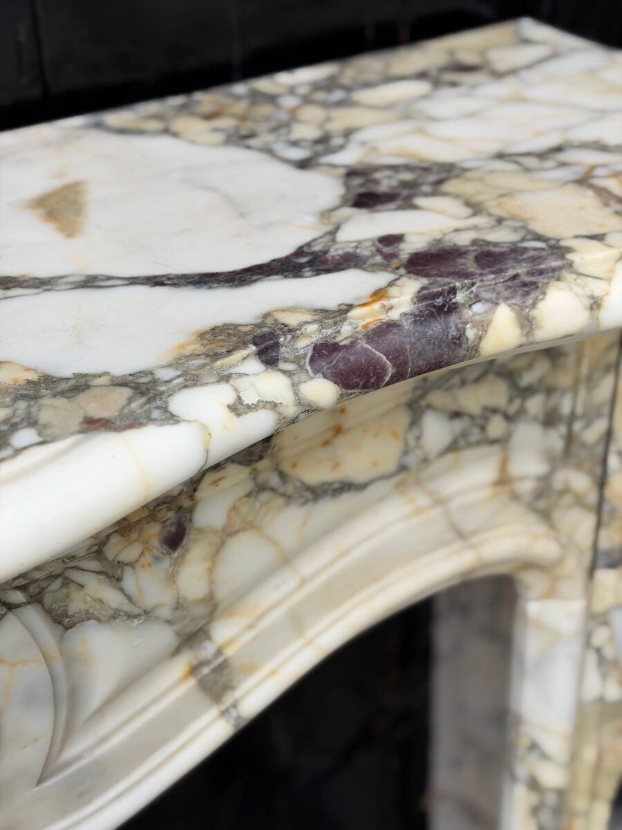 Louis XV style fireplace in purple breccia marble, circa 1880.