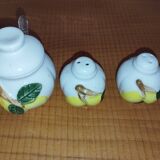 Movilex vintage set with lemons – mustard pot, salt shaker and pepper shaker –