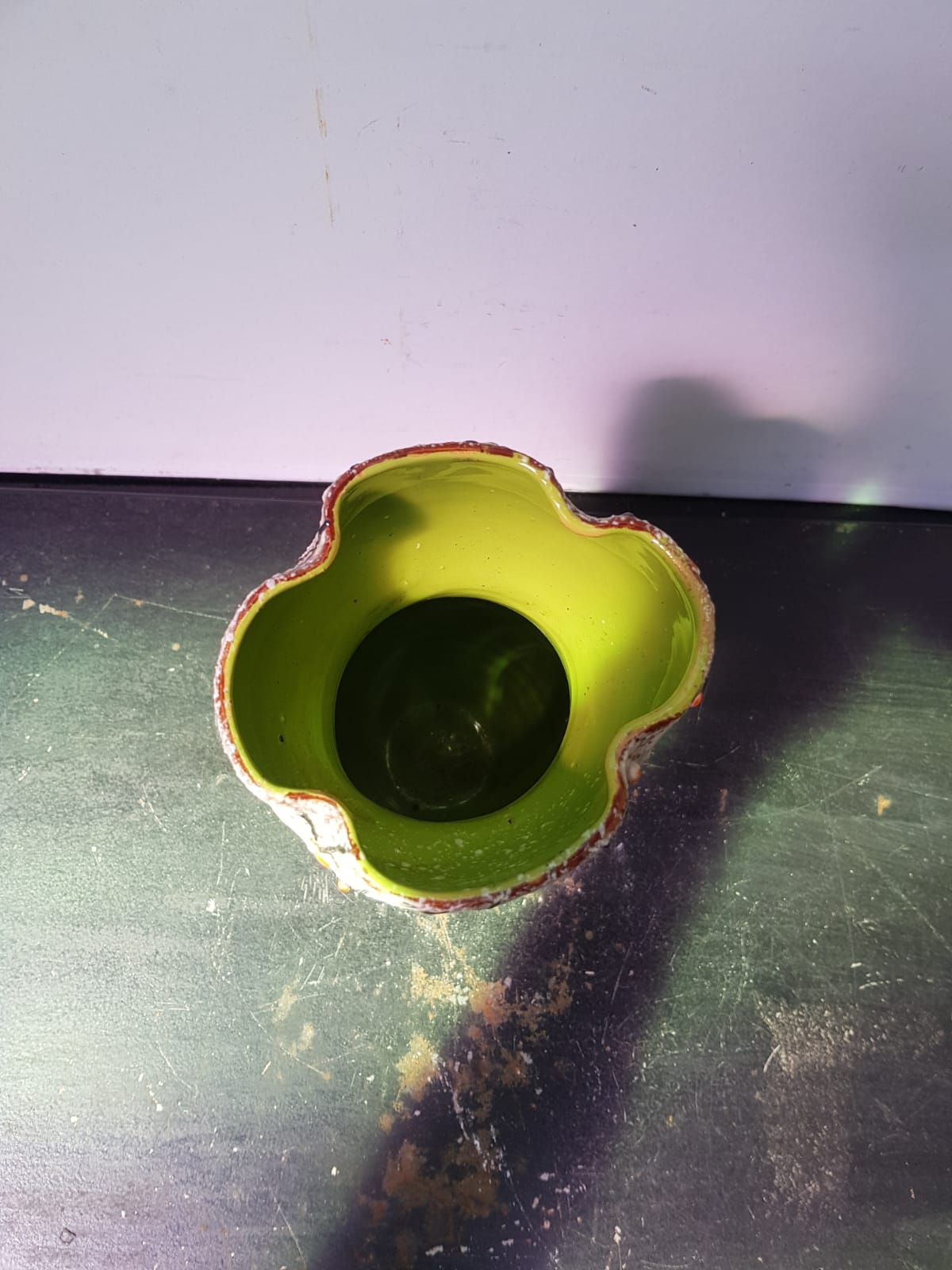 Ancient ceramic vase grey decor black, orange interior vintage green