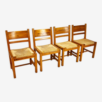 Set of 4 mid century scandinavian pine and papercord dining chairs, 1960s