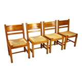 Set of 4 mid century scandinavian pine and papercord dining chairs, 1960s