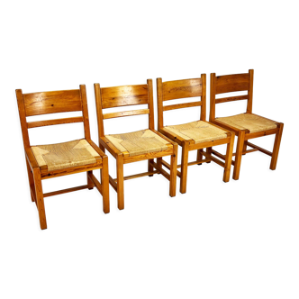 Set of 4 mid century scandinavian pine and papercord dining chairs, 1960s