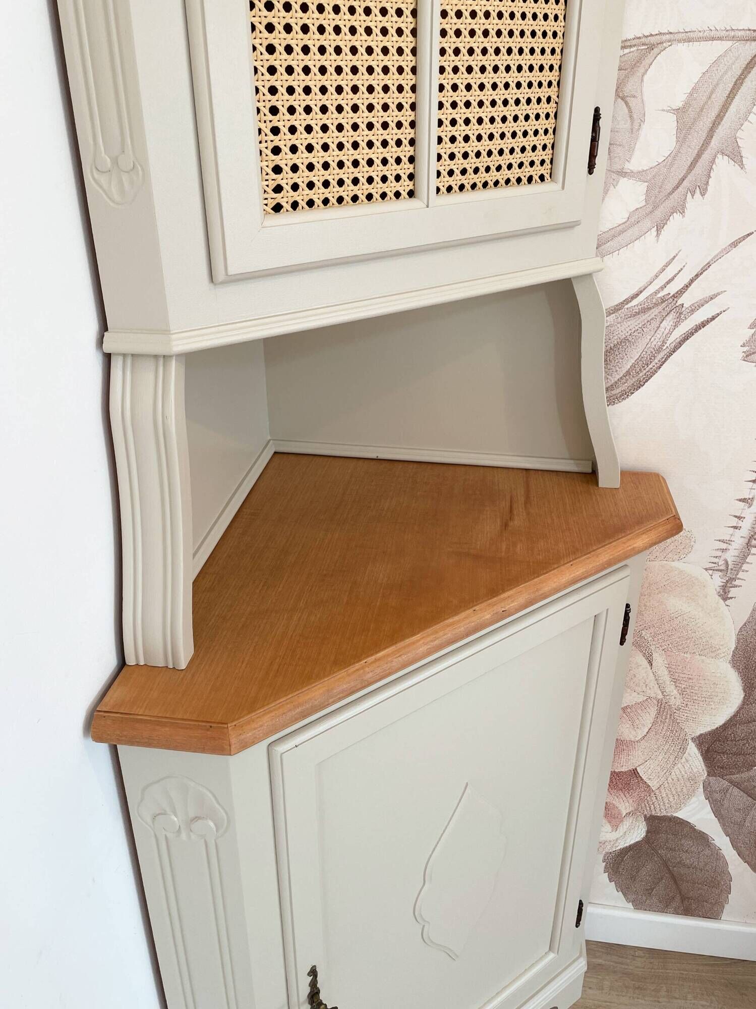 Corner unit in 2 parts, grey/beige and cane work.