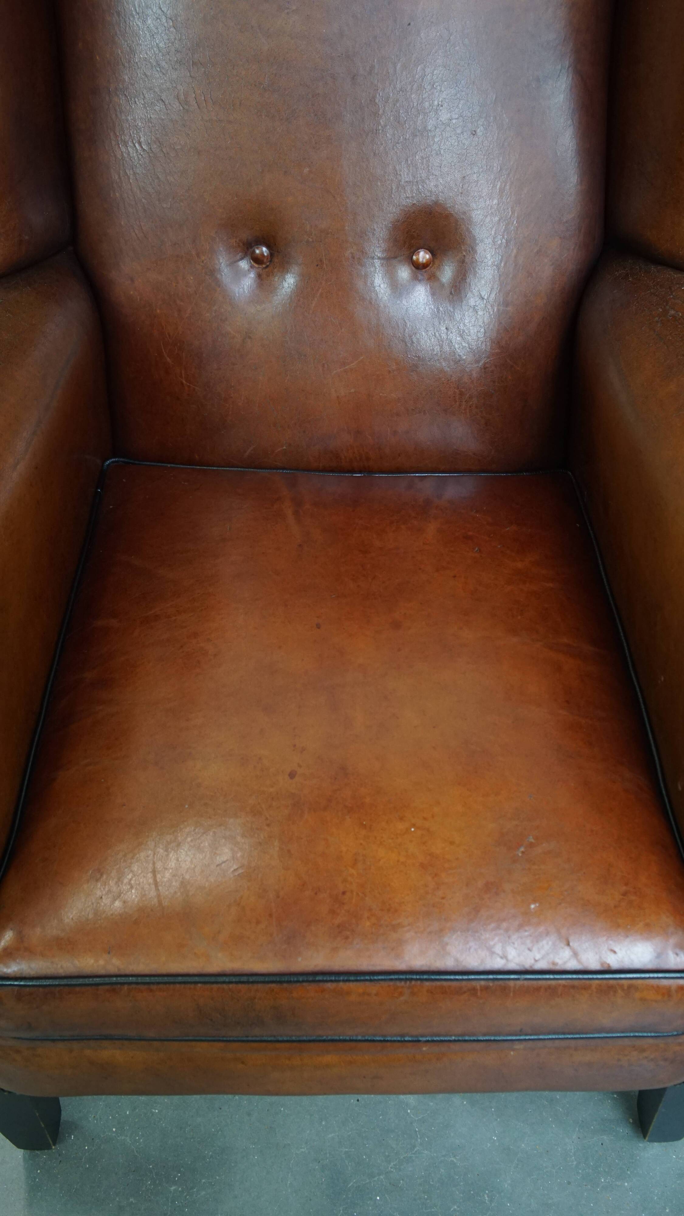 Large Vintage Sheepskin Leather Wingback Chair