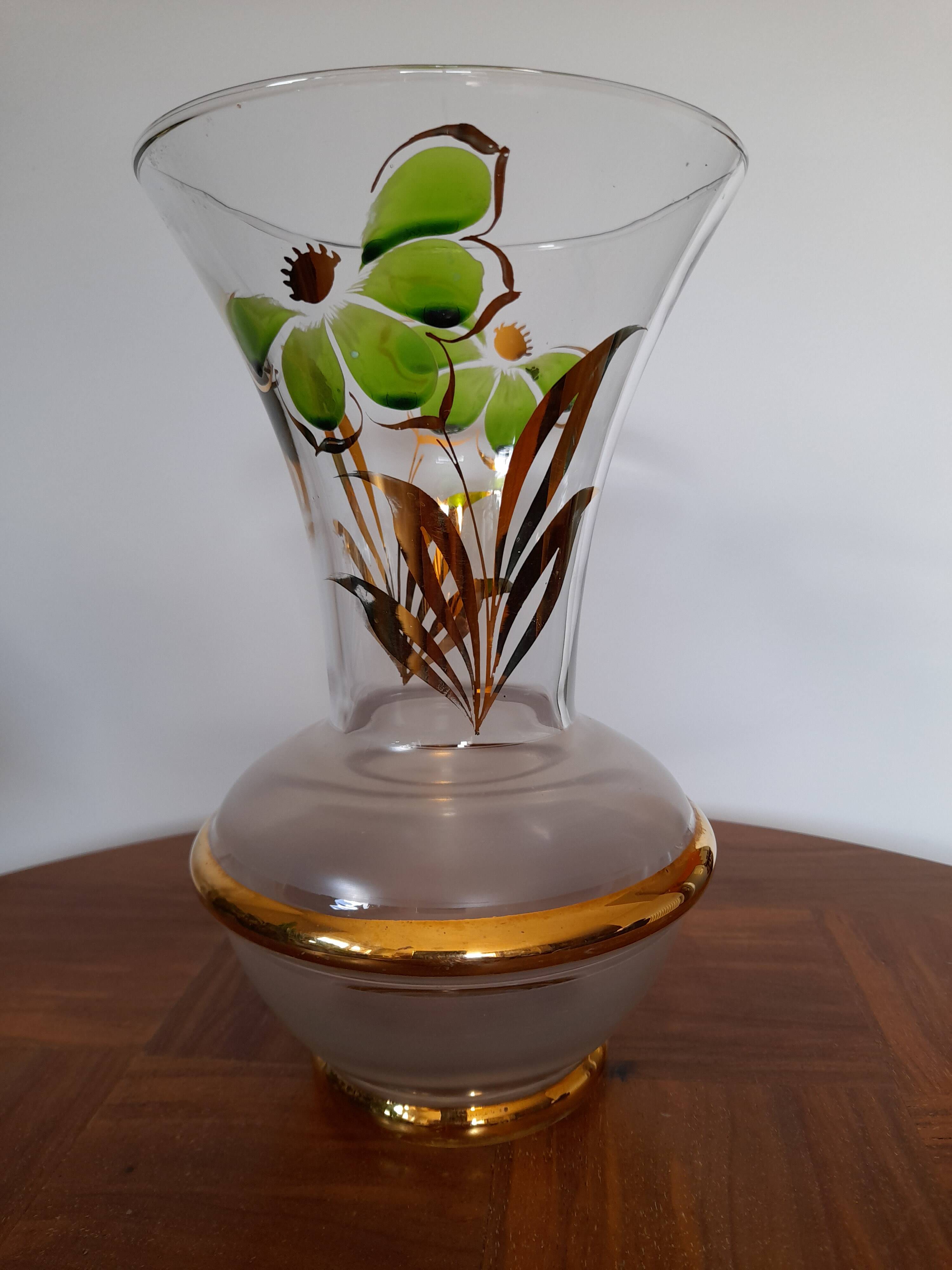 Old glass vase with gilding and Art Deco painted flowers