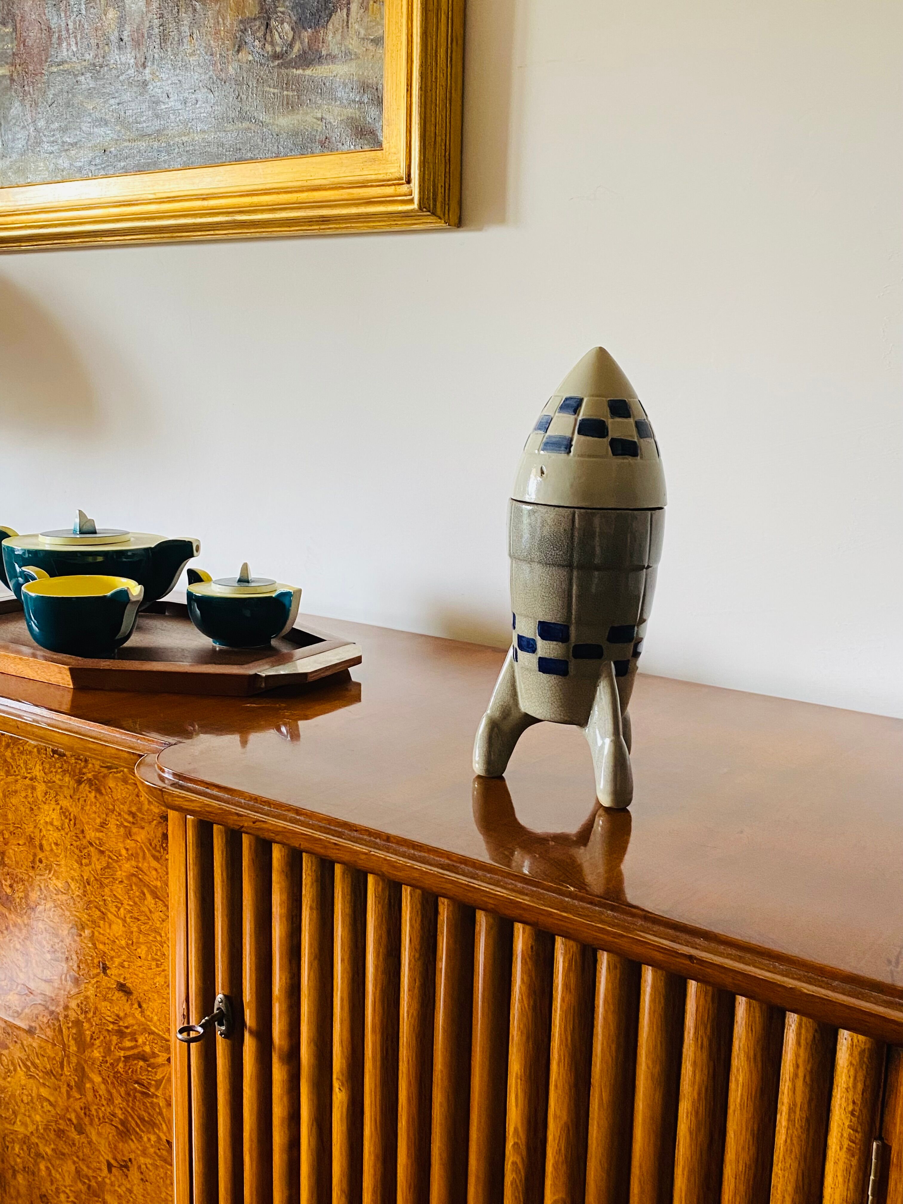 Ceramic rocket, spaceship bottle, France 1940s-1950s