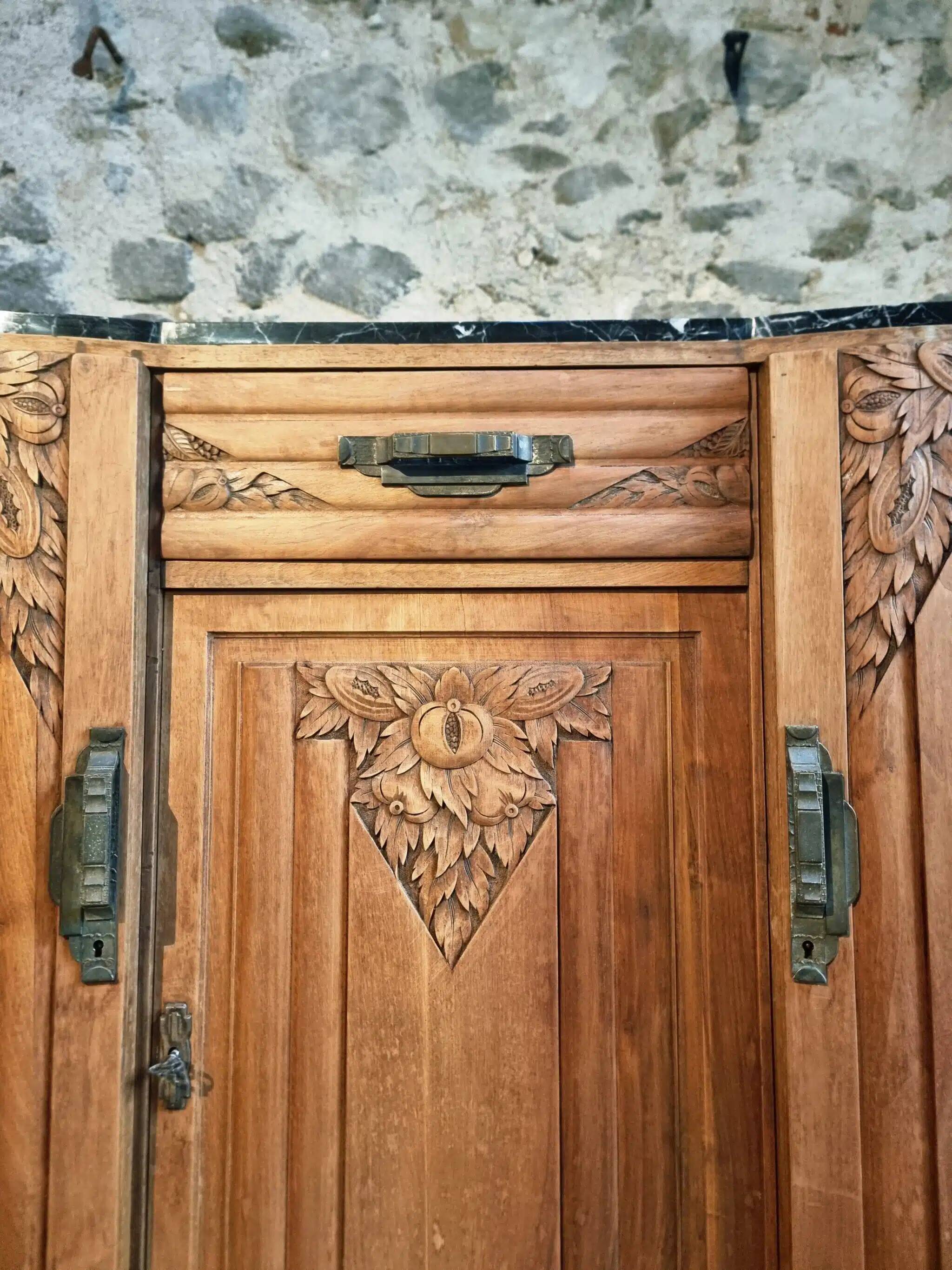 French Art Deco walnut sideboard with marble top, 1920s
