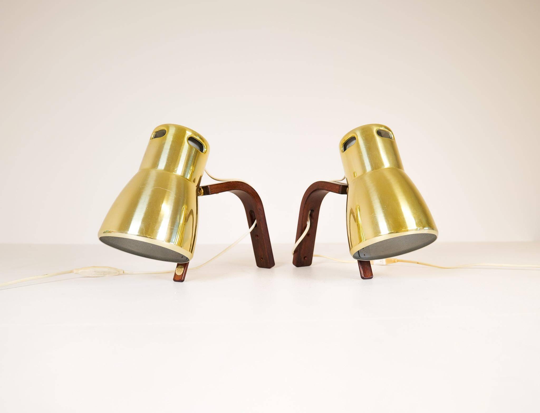 Hans-Agne Jakobsson Wall Lamps in Brass and Stained Wood, Sweden, 1970s