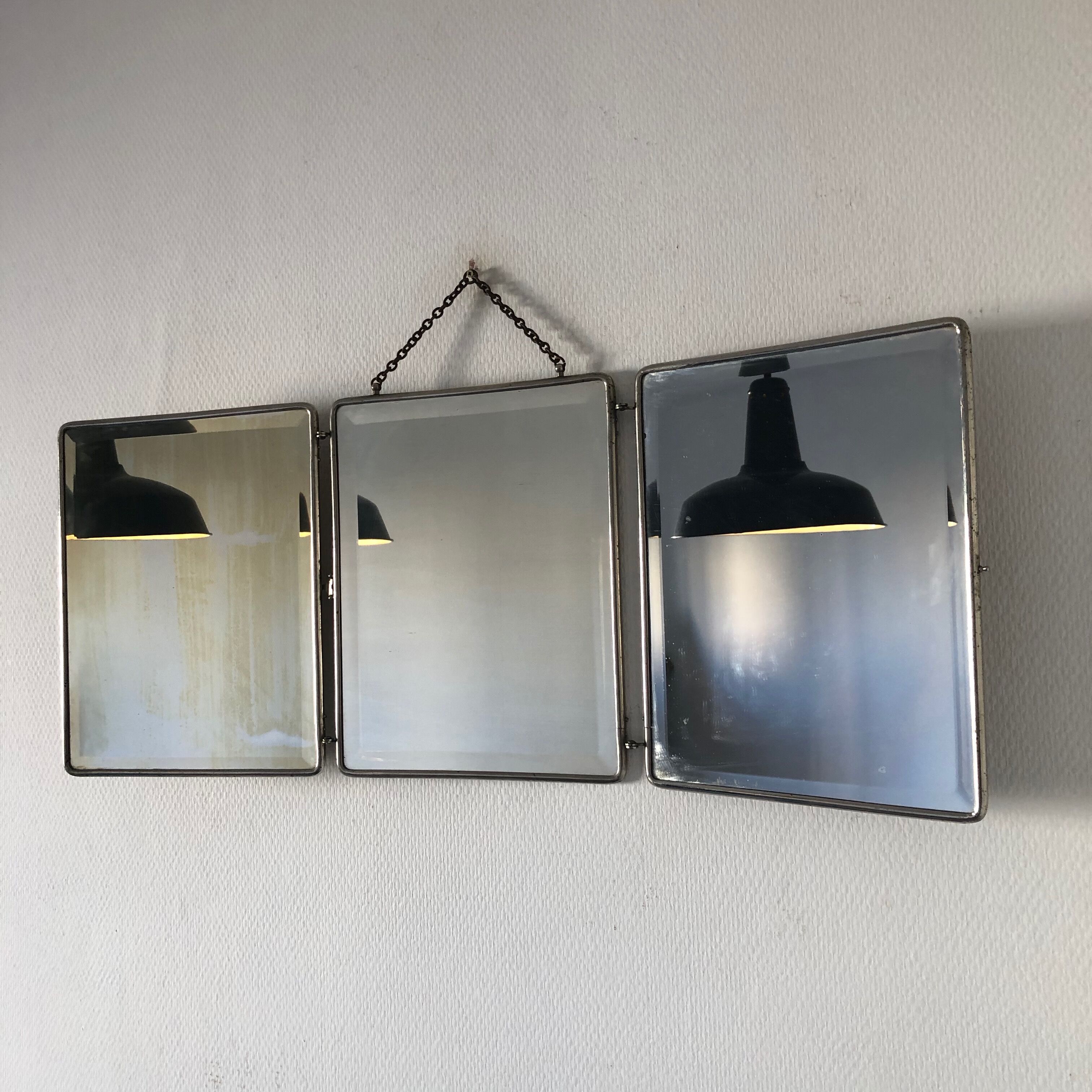 Triptych mirror barber nickel plated brass vintage 1920 31x76cm