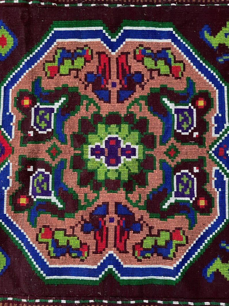 Handwoven vintage accent geometrical rug, colorful wool, wine colour with green and blue accents