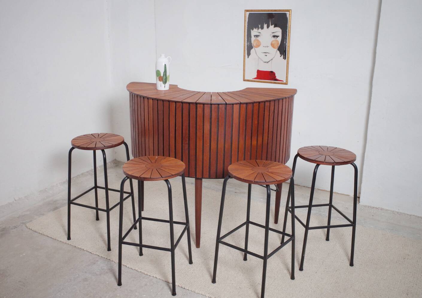 Sika Møbler vintage Bar mit 4 Barhocker aus Teak