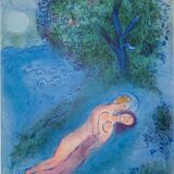 Marc Chagall : Les amoureux devant l'arbre, Philetas-  Lithographie originale signée - 1987