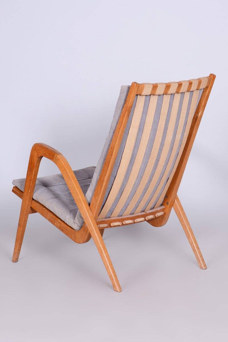 Mid-Century Czech Grey Armchair in Oak attributed to Jan Vanek, 1950s
