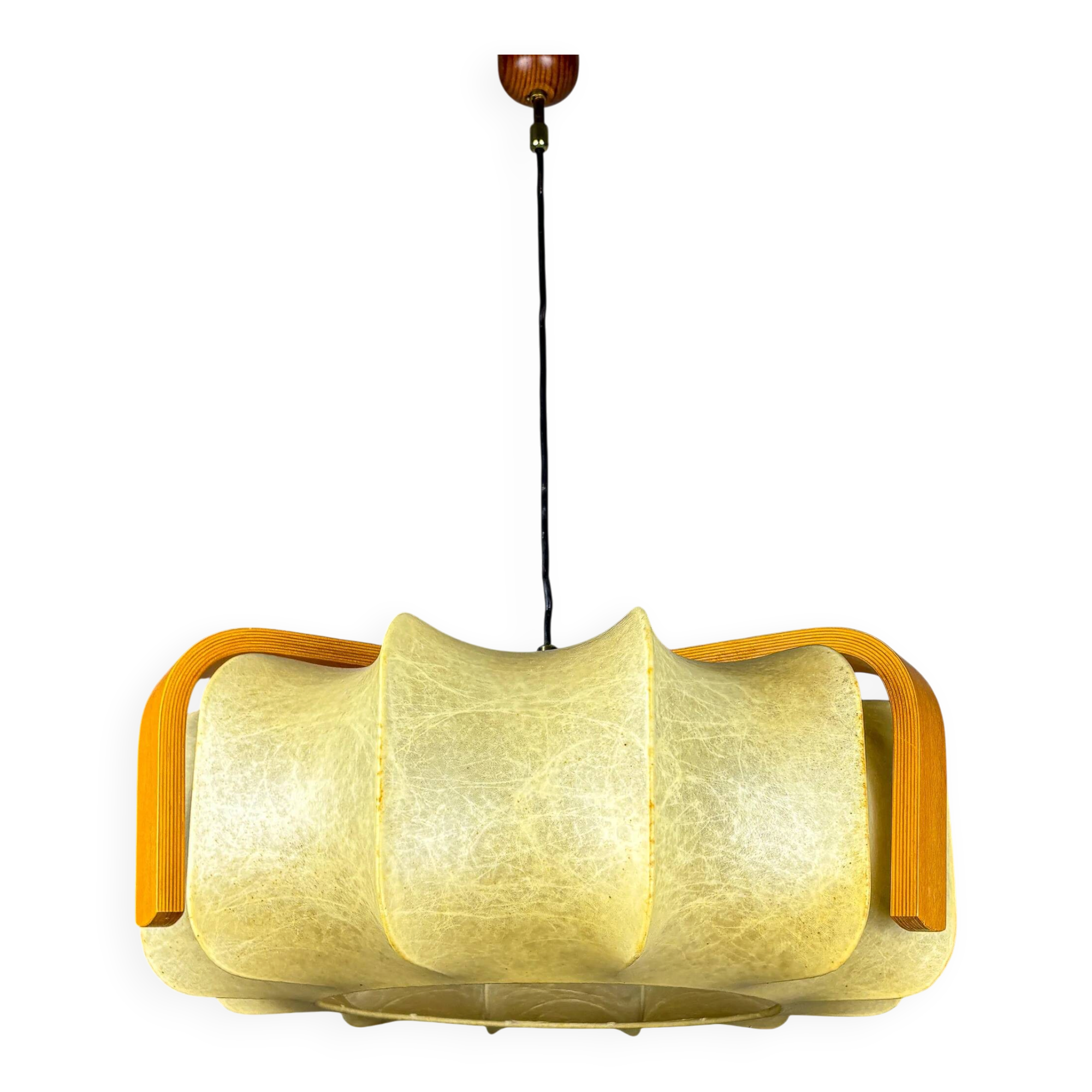 Mid-century cocoon pendant lamp, resin & pine wood, Italy, 1960s