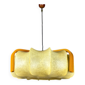 Mid-century cocoon pendant lamp, resin & pine wood, Italy, 1960s