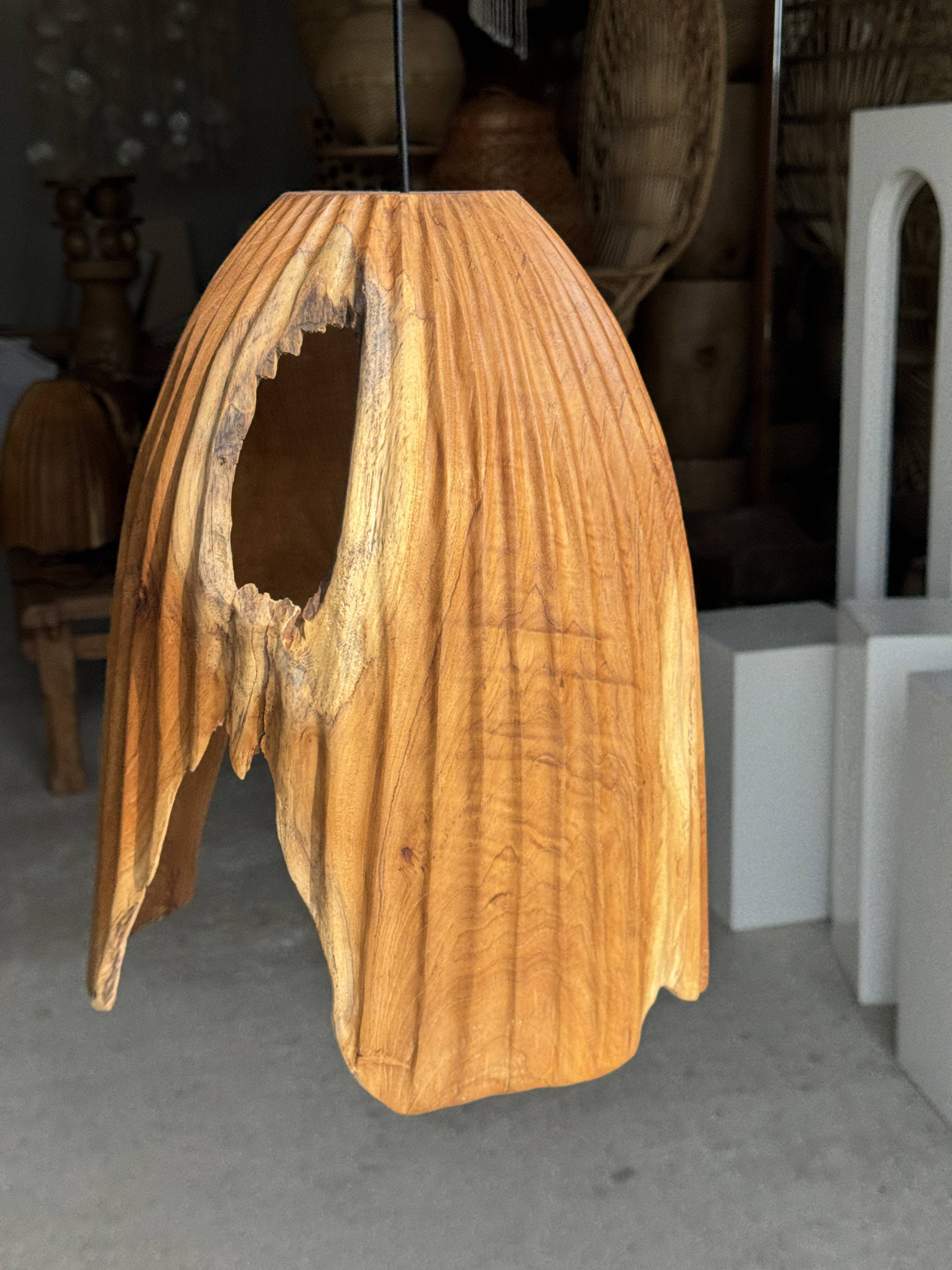 Large suspension or lampshade in organic natural teak, tubular H40 D30.