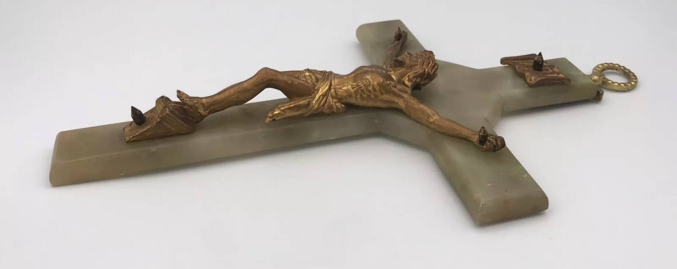 Vintage onyx stone wall crucifix and gold metal christ