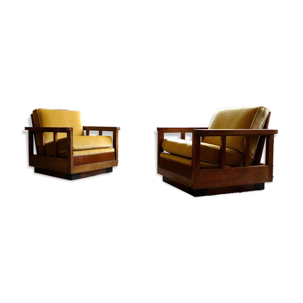Fauteuils en velours et noyer de style Art Déco en forme de cube, Allemagne, années 1920, ensemble de 2.