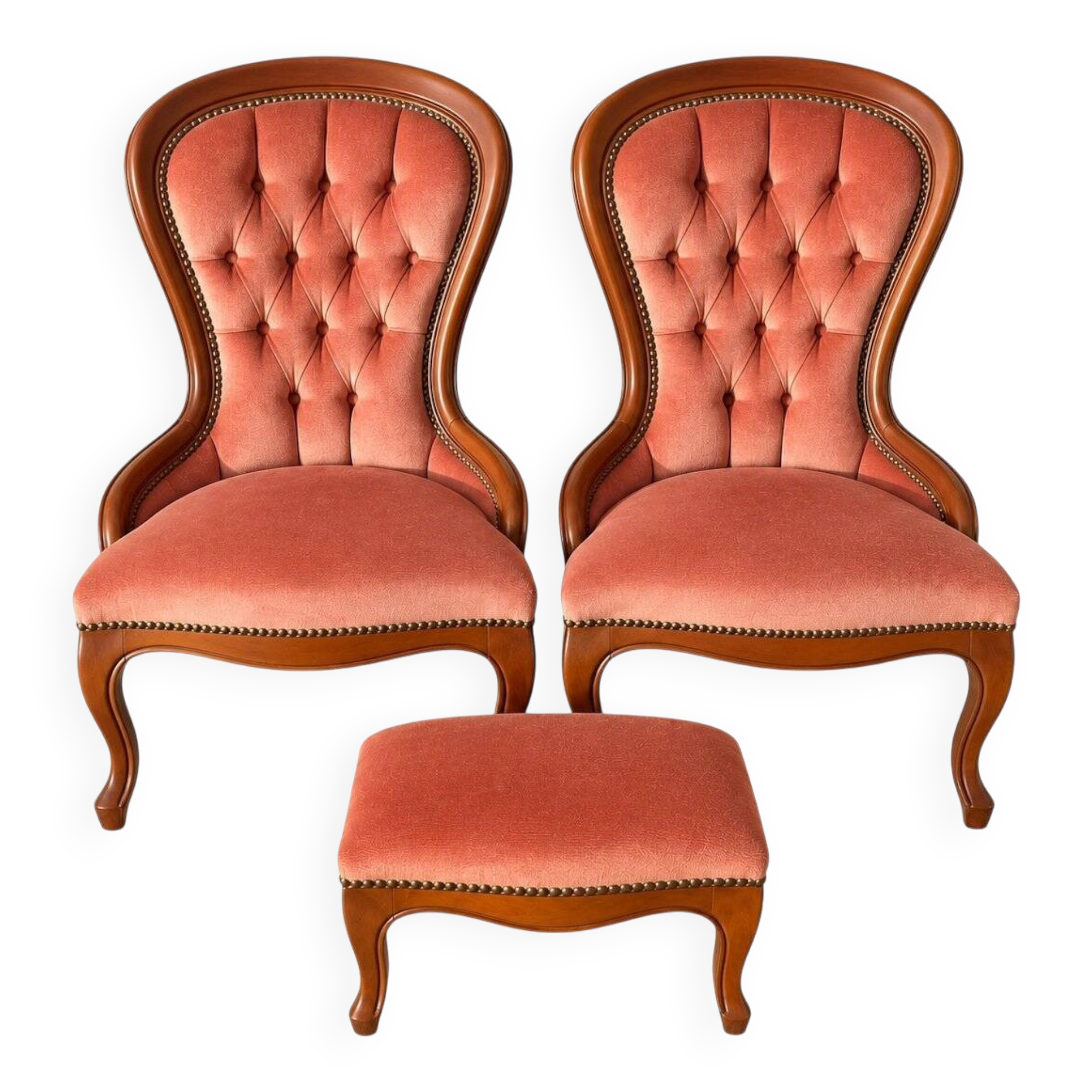 Paire de chauffeuses & pouf Louis-Philippe velours rose, XIXe