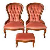Paire de chauffeuses & pouf Louis-Philippe velours rose, XIXe