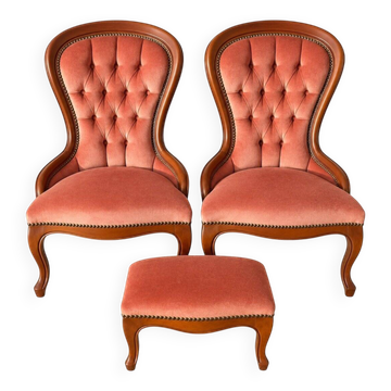 Paire de chauffeuses & pouf Louis-Philippe velours rose, XIXe