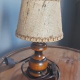 Bedside lamp wooden foot, clip jute lampshade, seventies