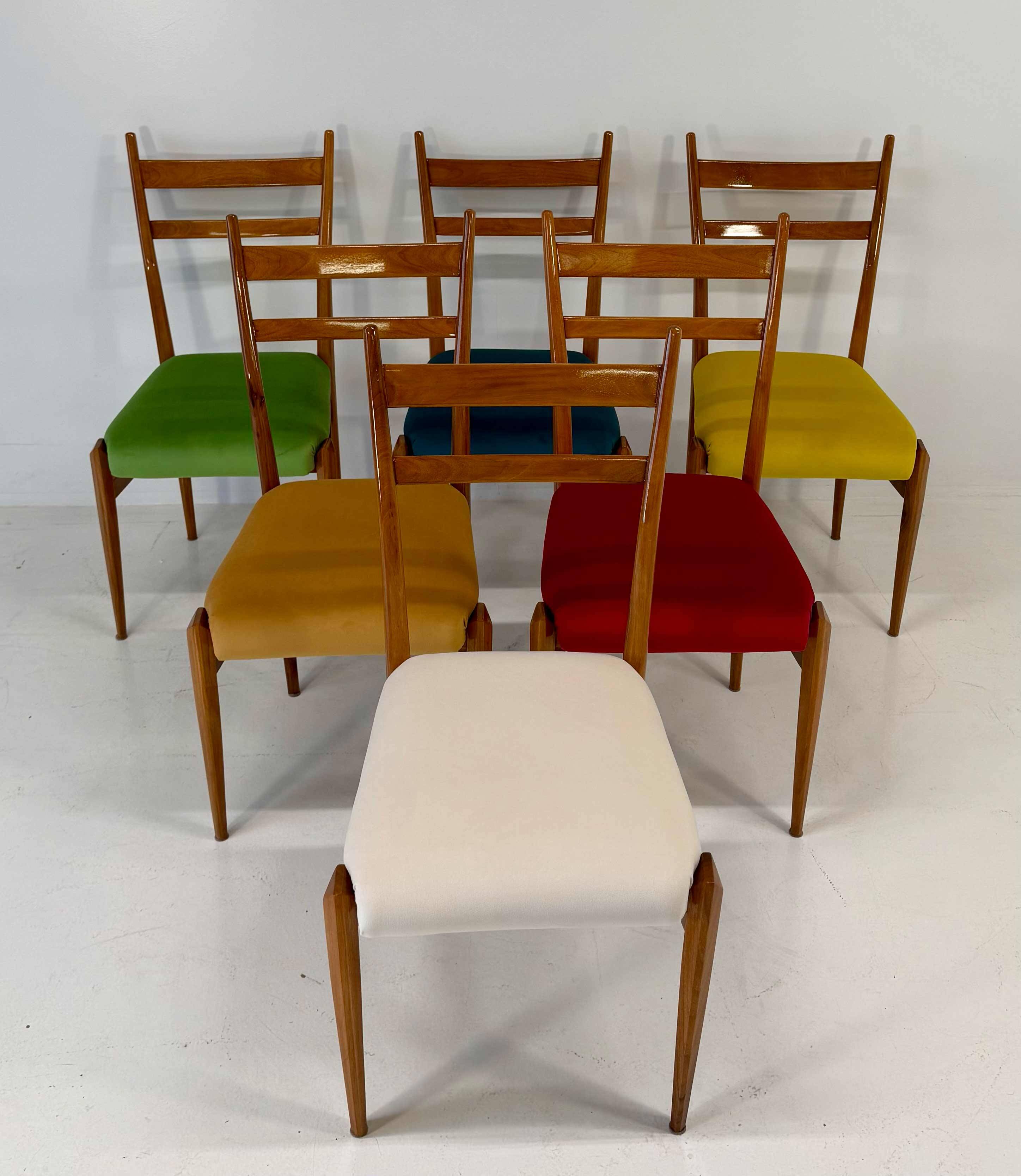 Set of Six Italian Art Deco Walnut Chairs with Colorful Velvet Seats, 1950s