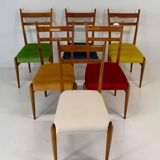 Set of Six Italian Art Deco Walnut Chairs with Colorful Velvet Seats, 1950s