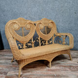 Bohemian bench has 2 wicker seats around 1970