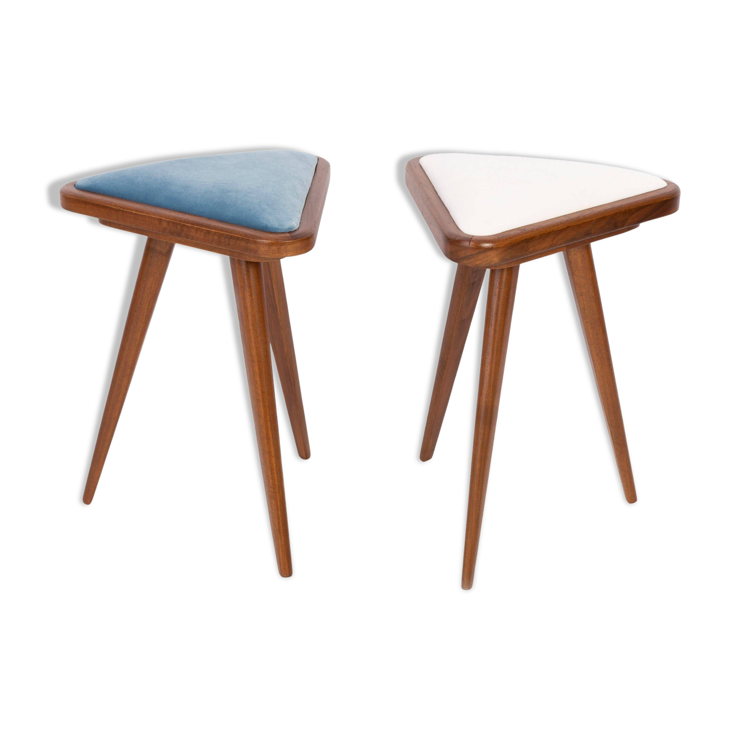 Set of two triangular stools in blue and white velvet from the 20th century.
