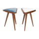 Set of two triangular stools in blue and white velvet from the 20th century.