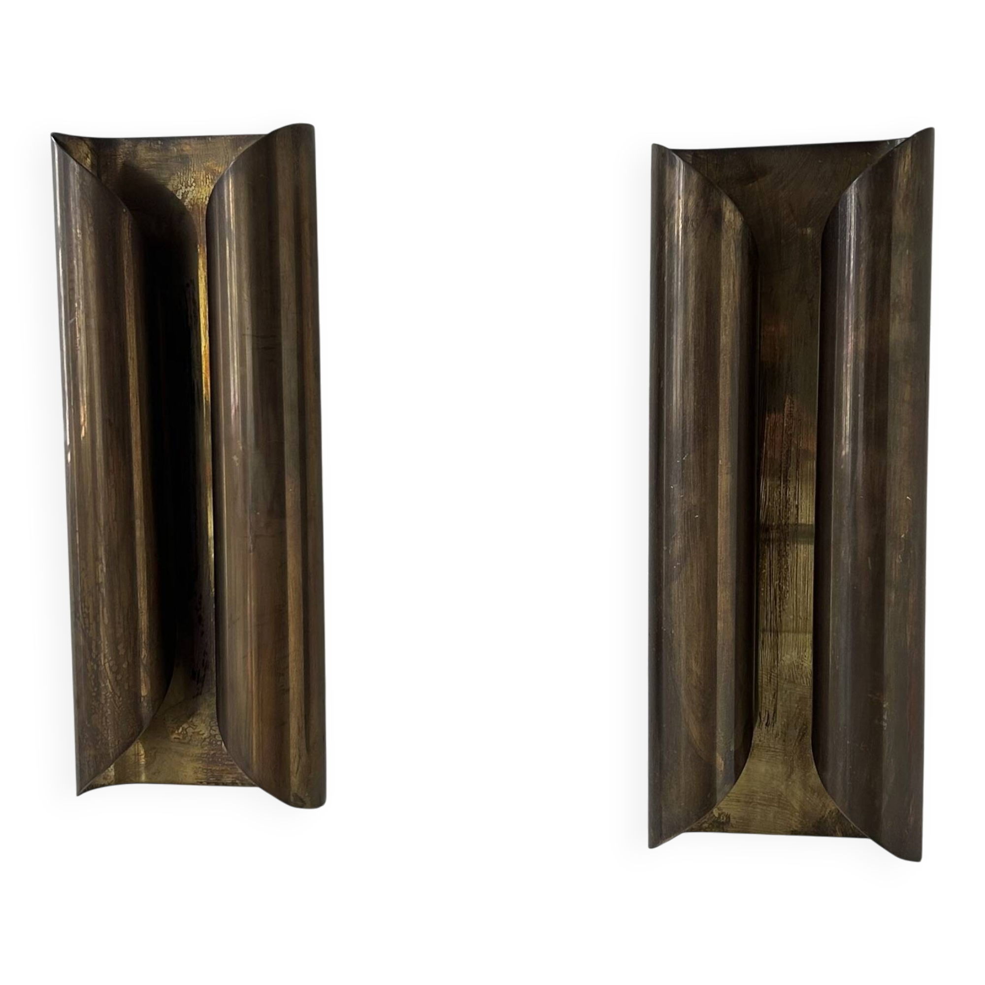Pair of vintage wall lights in patinated brass, France 1970