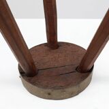 Brutalist French solid oak tripod stool with metal rim, 1850s