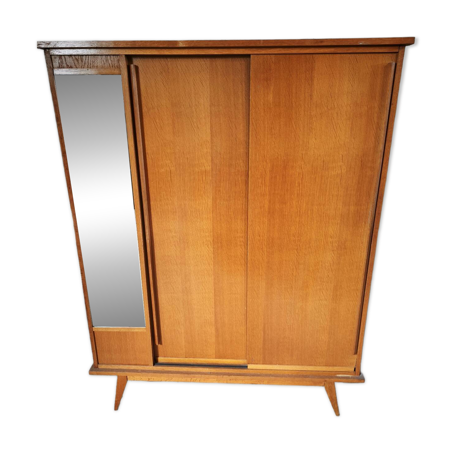 Vintage Scandinavian wardrobe, tapered legs, sliding door.