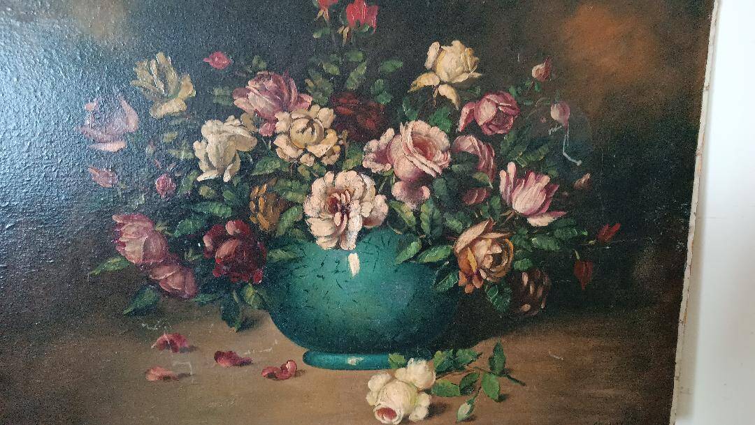 Large oil painting on canvas - Vase with flowers - Still life - Ita
