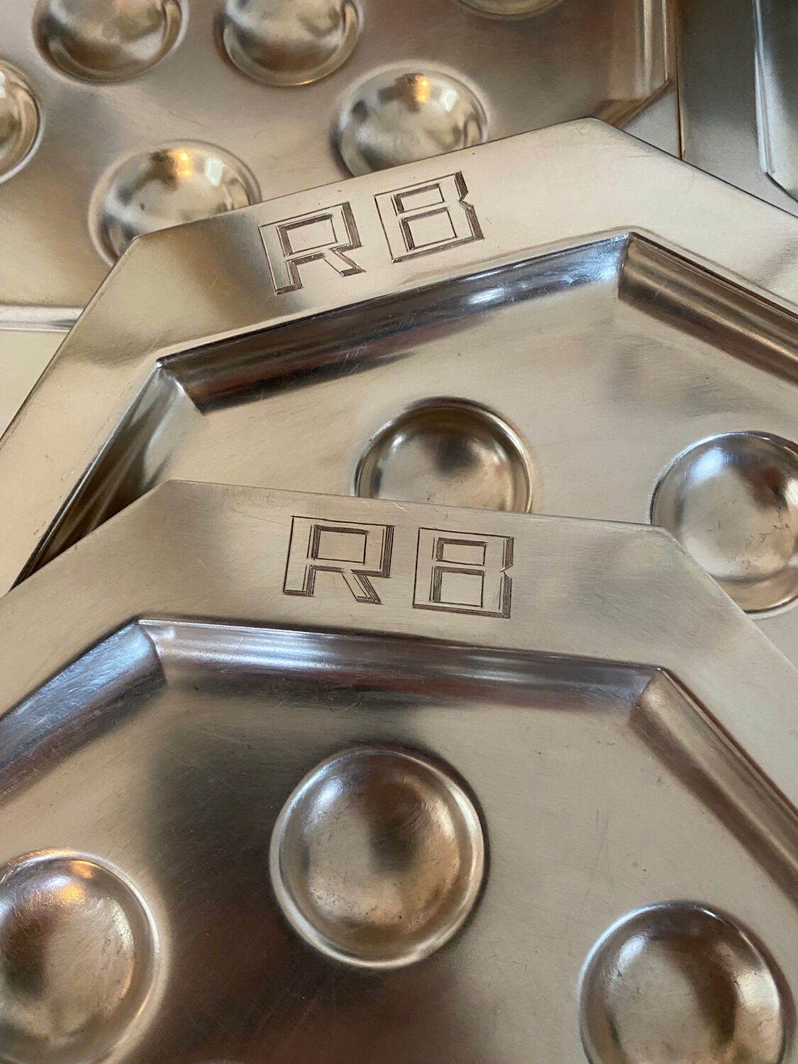 Vintage silver plated snail dishes, engraved silver serving trays.