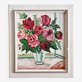 Huile sur bois bouquets de roses 1953