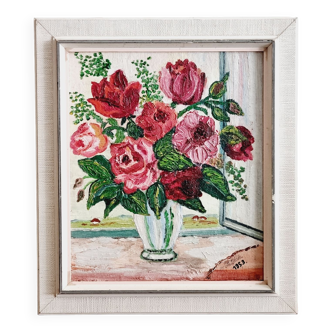 Huile sur bois bouquets de roses 1953