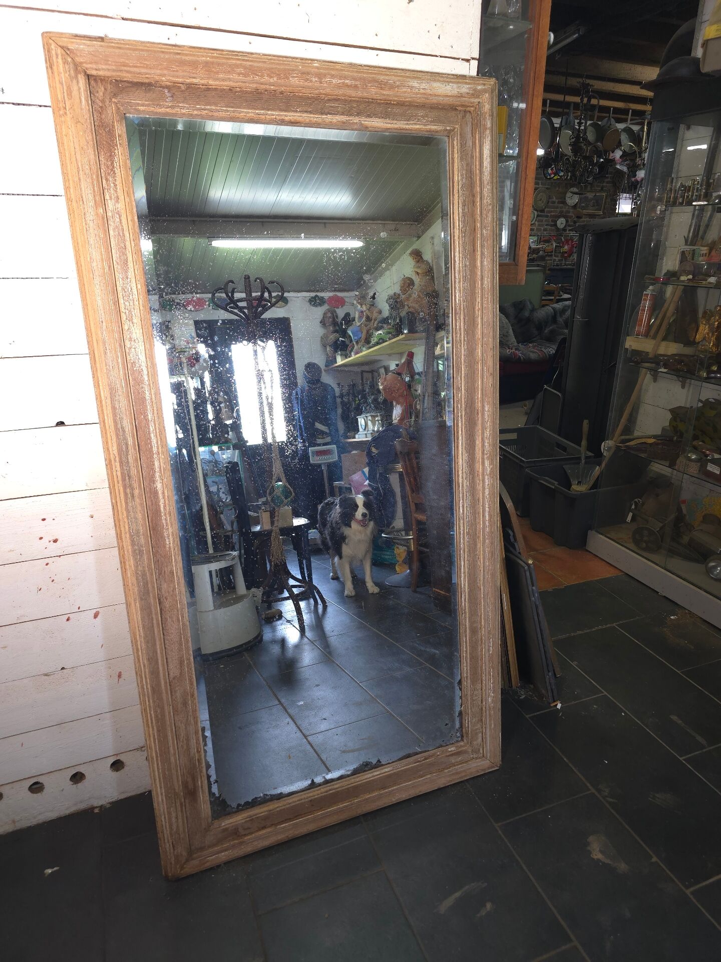 Large bevelled floor mirror in oak