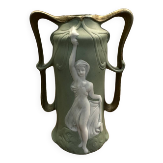 Small green Wedgwood vase art nouveau decor