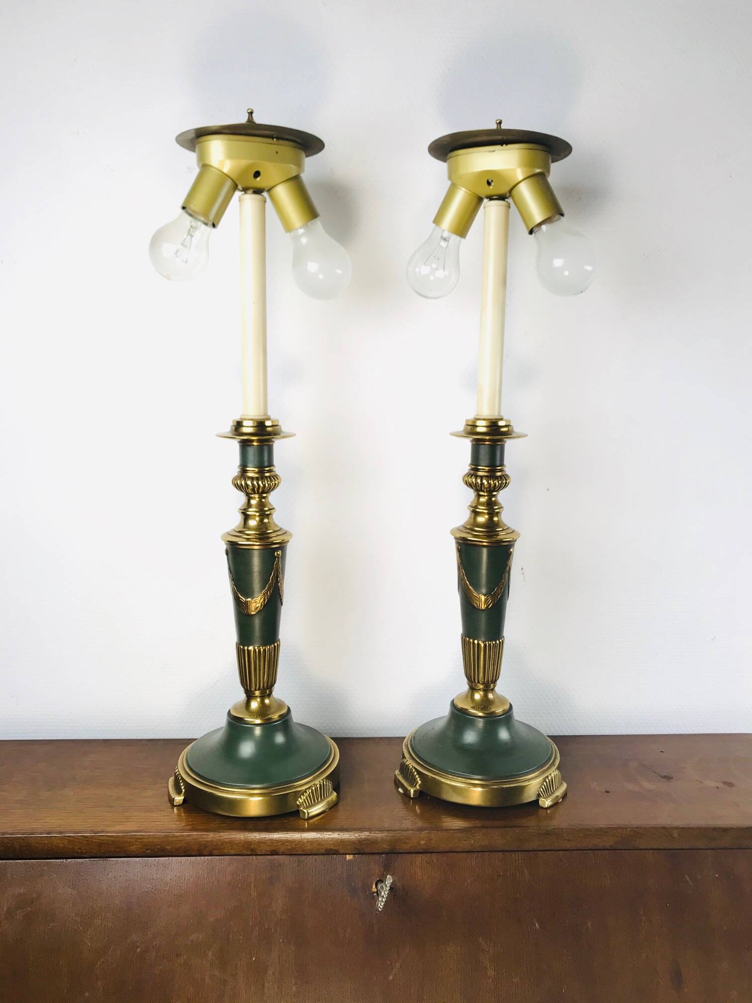 Vintage dutch brass and green table lamps from kullmann, 1970s, set of 2 table lamps. baroque