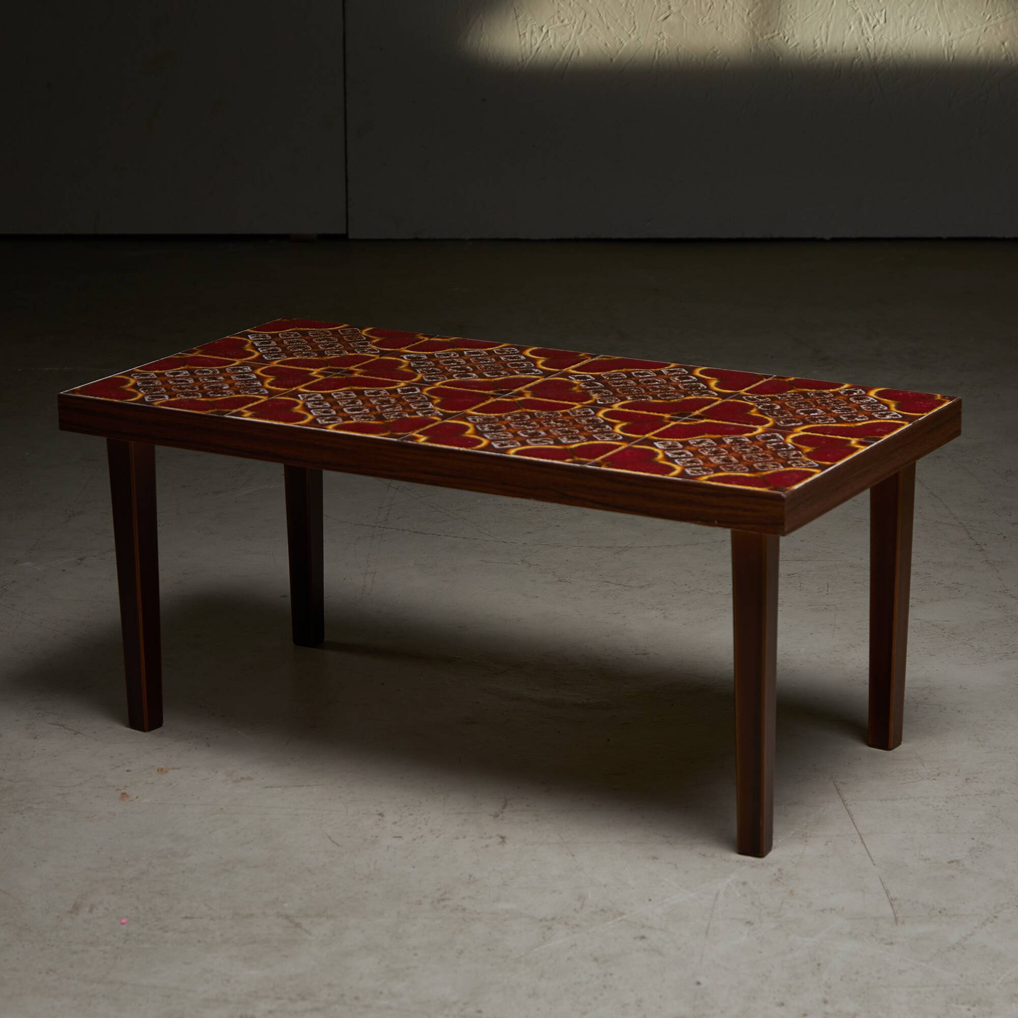 Wooden Veneer Low Side Table with Colourful Flower Ceramics Top, 1970s