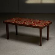 Wooden Veneer Low Side Table with Colourful Flower Ceramics Top, 1970s