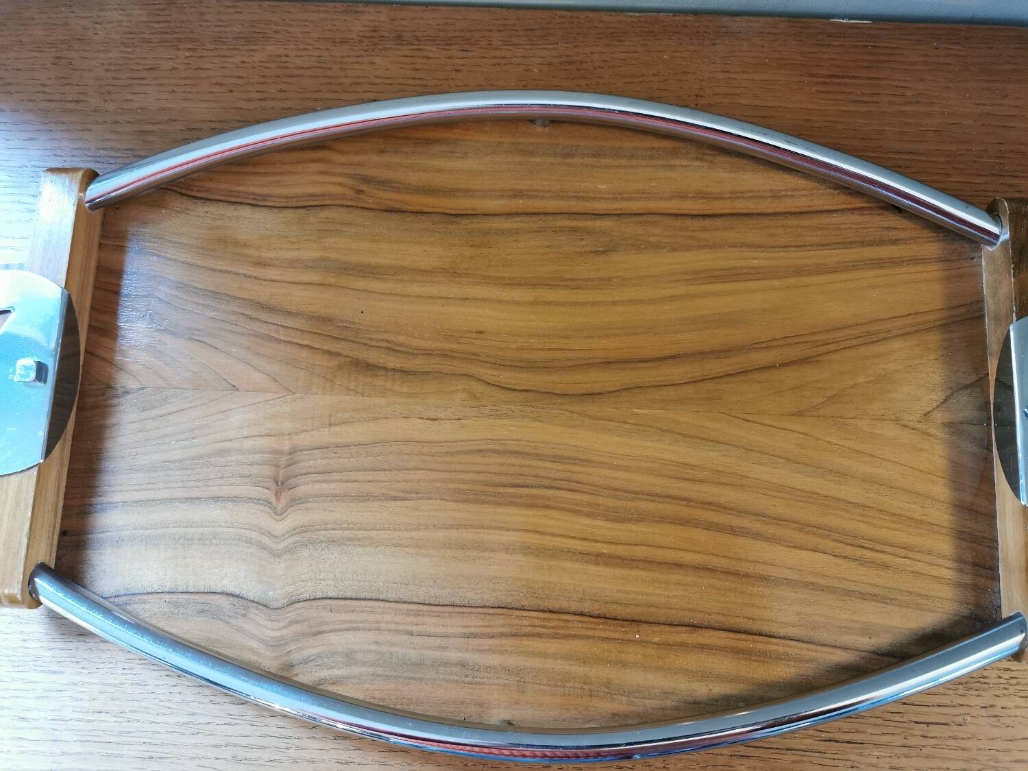 Large Art Deco tray in wood and chrome-plated metal