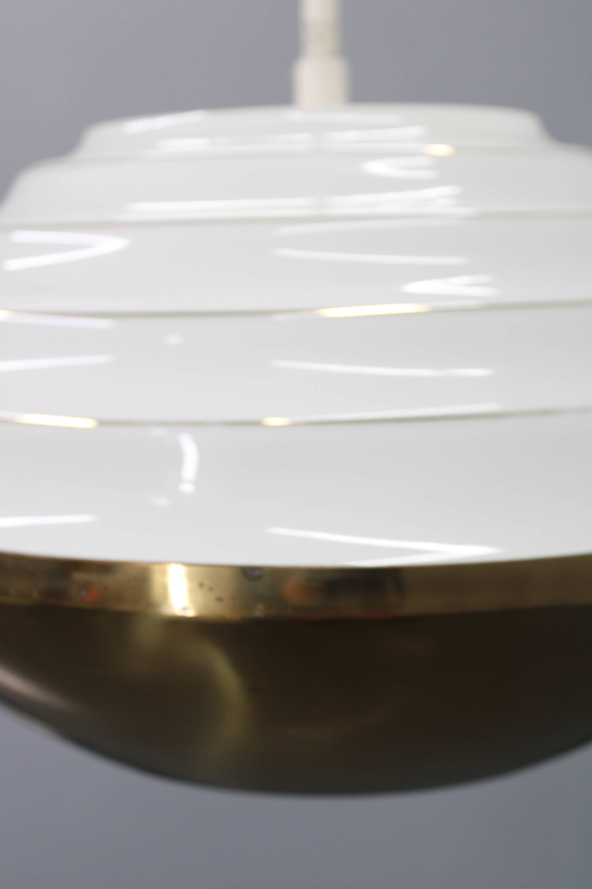 1950s Czechoslovak brass pendant with opaline glass diffuser