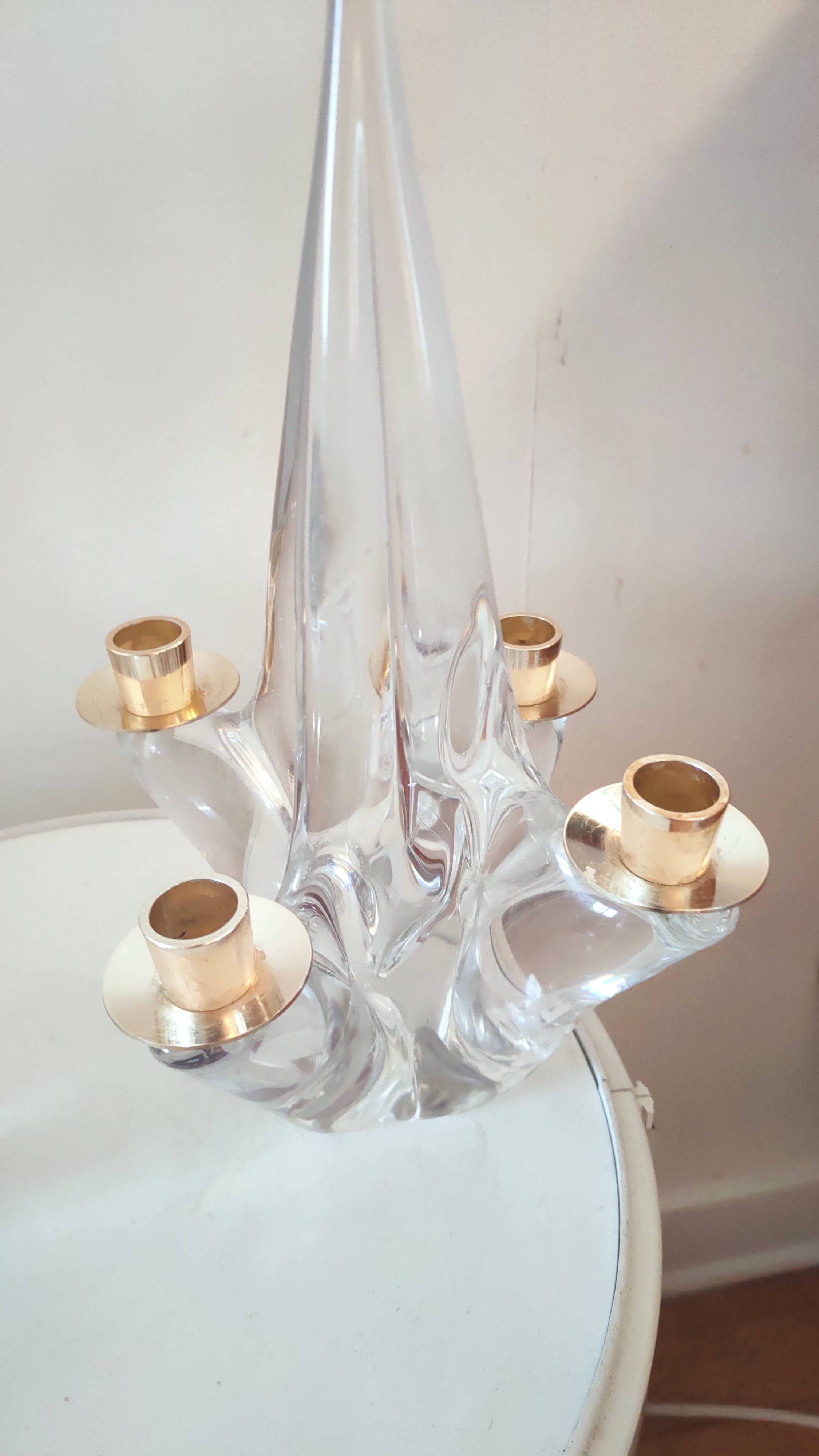 Pair of vintage Schneider crystal and brass candlesticks