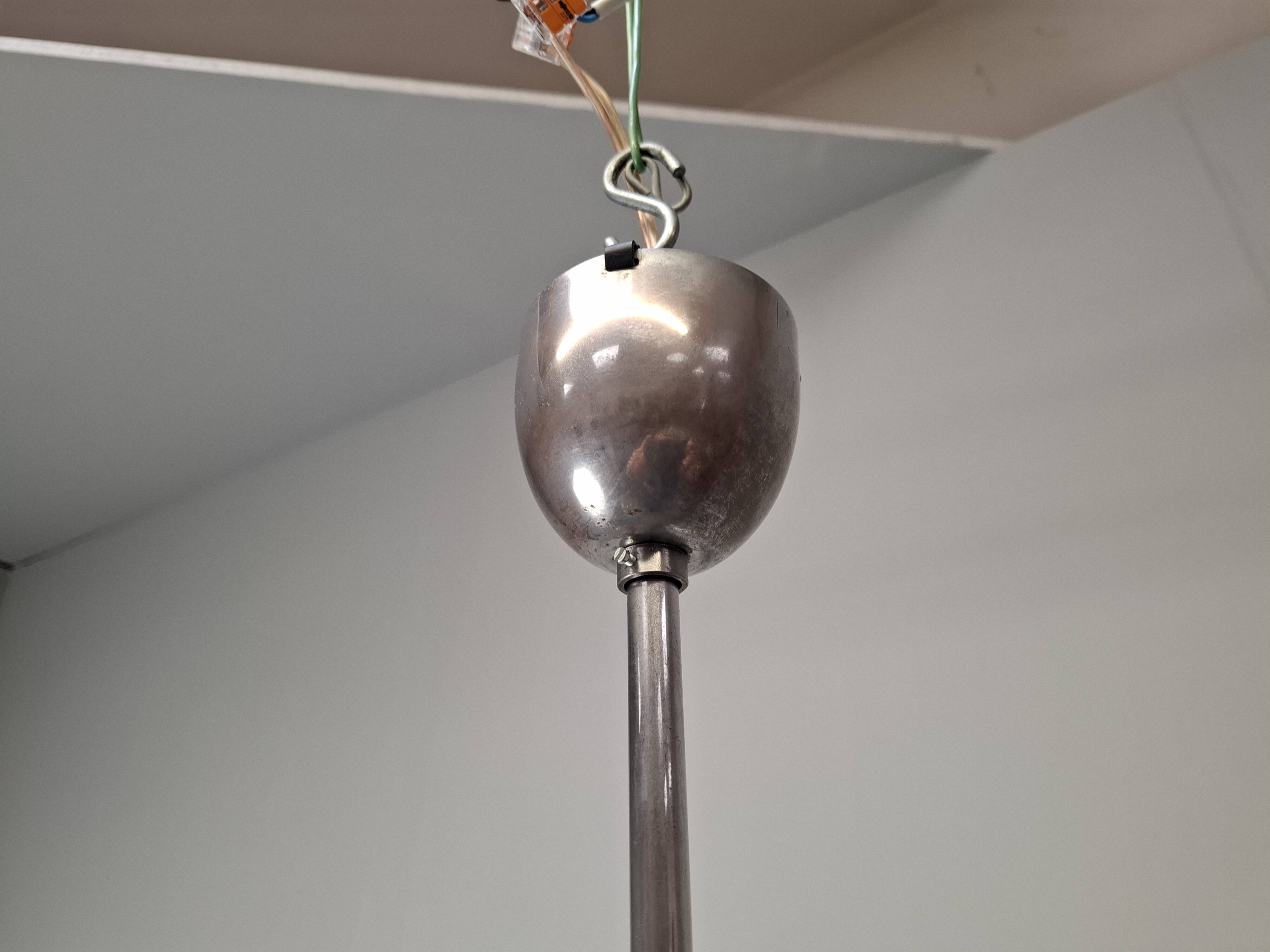 1960s Napako Mid-Century Modern Czech Four-Arm Glass Wood Chrome Chandelier