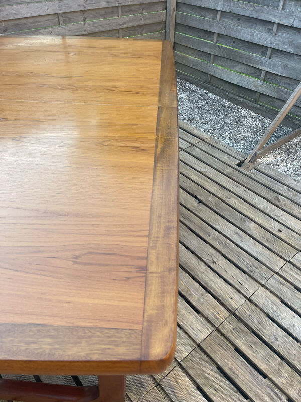 Table extensible en teck, piètement luge traîneau, style vintage